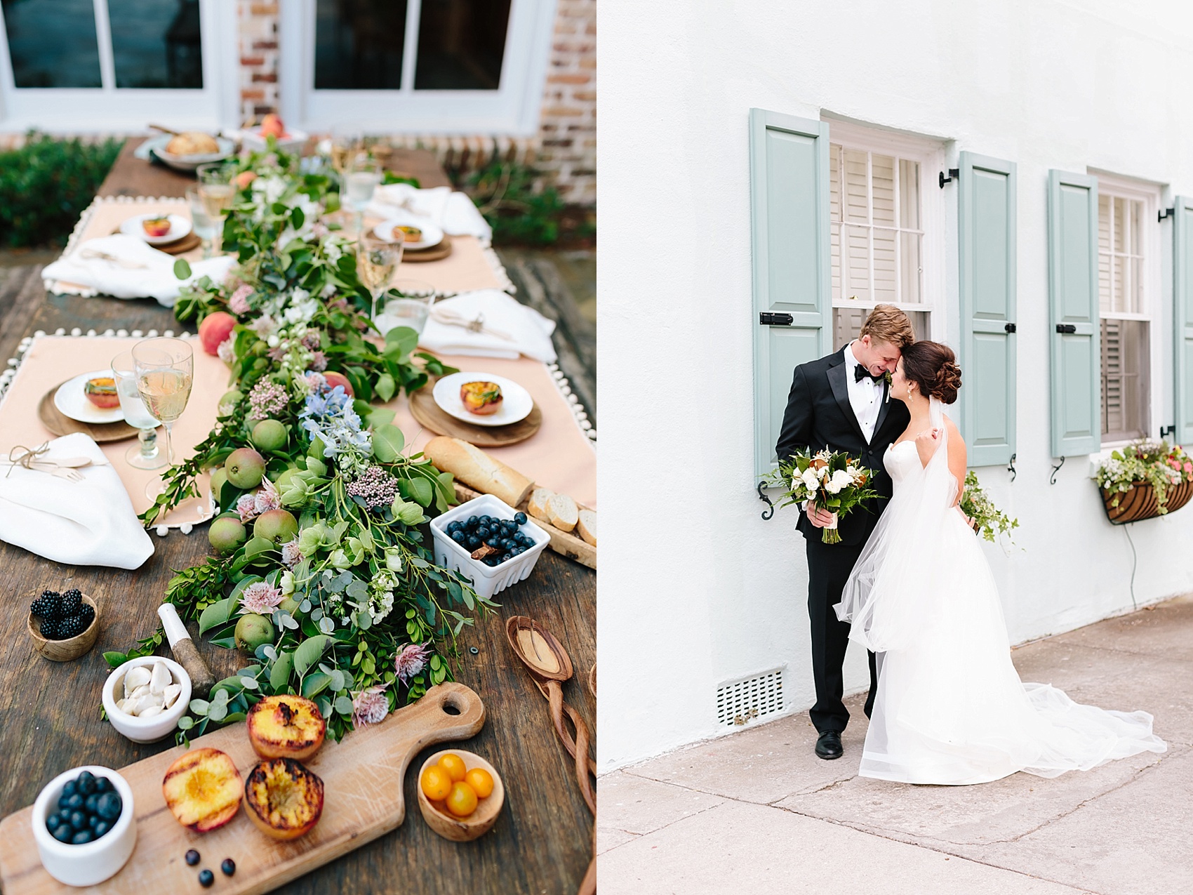 Photos by Lauren Carnes - food on a table and a wedding couple