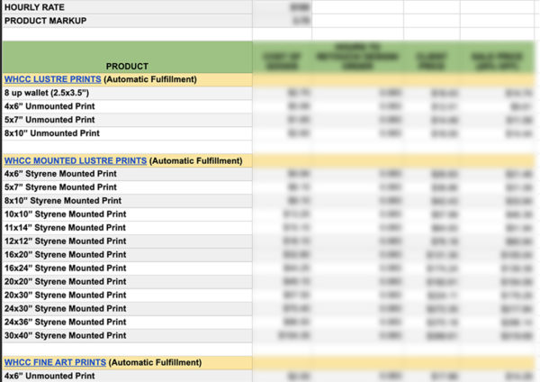 pricing spreadsheet